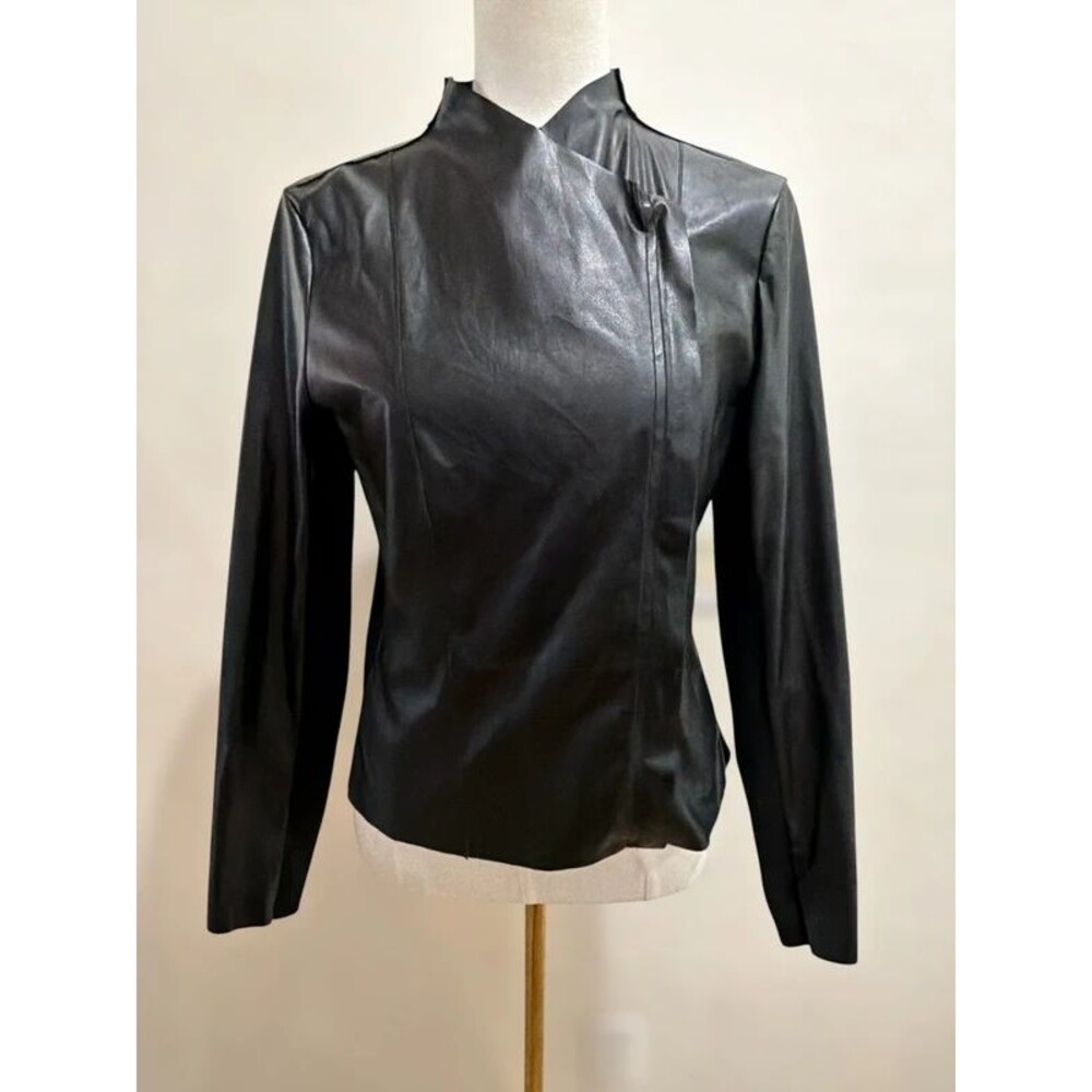 DKNY Black Faux Leather Draped Jacket XS/S Asymmetrical Moto Rib Knit
